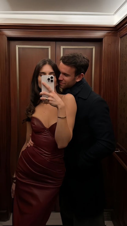 Sexy Mermaid Strapless Burgundy Satin Long Prom Dress,Party Dress,Evening Dress GG3962