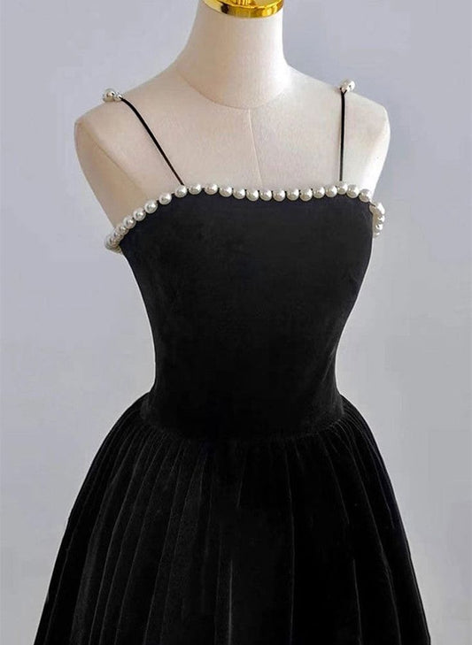 Elegant A Line Spaghetti Straps Beaded Black Velvet  Tea Length Prom Dresses,Evening Dresses GG397