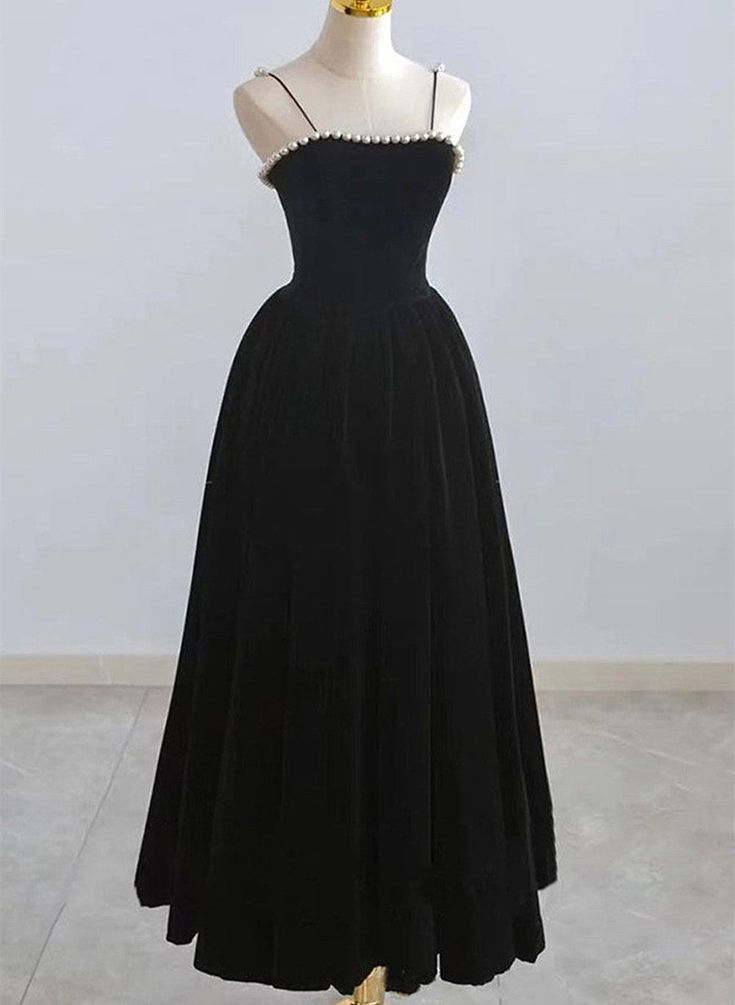 Elegant A Line Spaghetti Straps Beaded Black Velvet  Tea Length Prom Dresses,Evening Dresses GG397