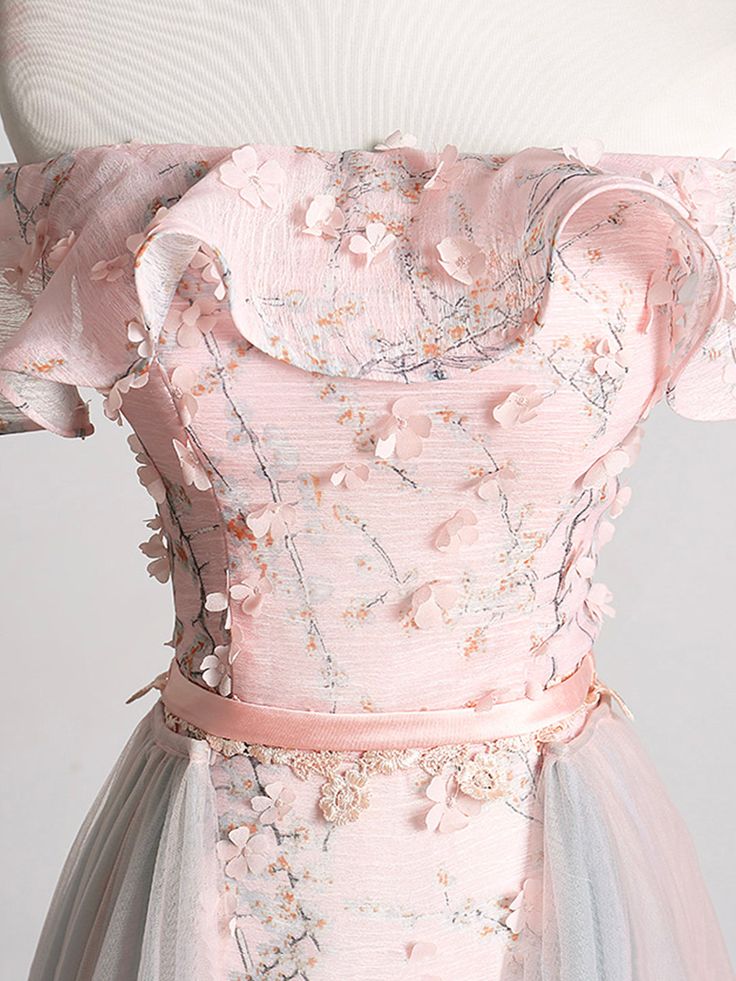 Elegant A Line Off The Shoulder Pink Applique Tulle Long Prom Dresses,Evening Dresses GG398