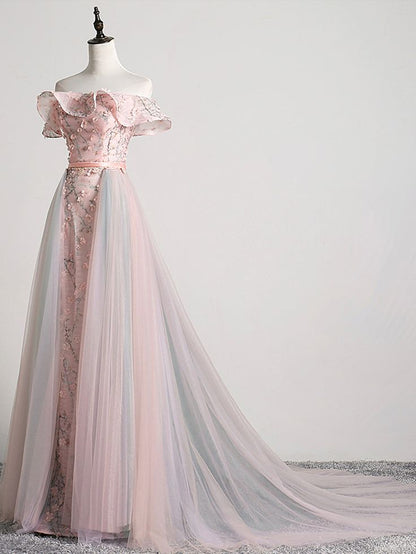 Elegant A Line Off The Shoulder Pink Applique Tulle Long Prom Dresses,Evening Dresses GG398