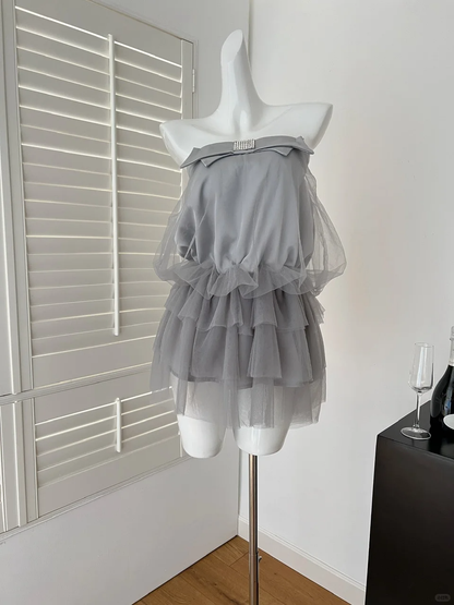Chic A Line Strapless Gray Satin Tulle Short Homecoming Dress,Summer 18th Birthday Dress GG3981