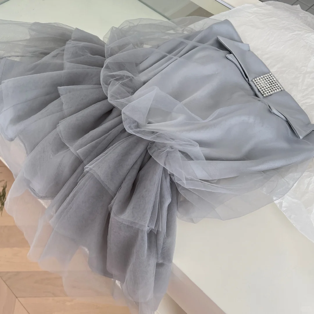 Chic A Line Strapless Gray Satin Tulle Short Homecoming Dress,Summer 18th Birthday Dress GG3981