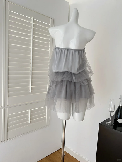 Chic A Line Strapless Gray Satin Tulle Short Homecoming Dress,Summer 18th Birthday Dress GG3981