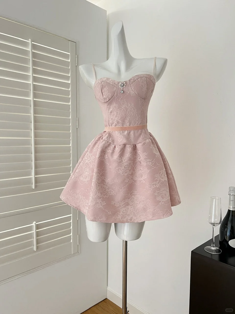 Pretty A Line Spaghetti Straps Pink Satin Lace Short Homecoming Dress,Summer 18th Birthday Dress GG3982