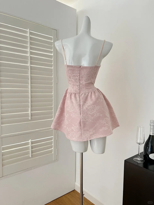 Pretty A Line Spaghetti Straps Pink Satin Lace Short Homecoming Dress,Summer 18th Birthday Dress GG3982