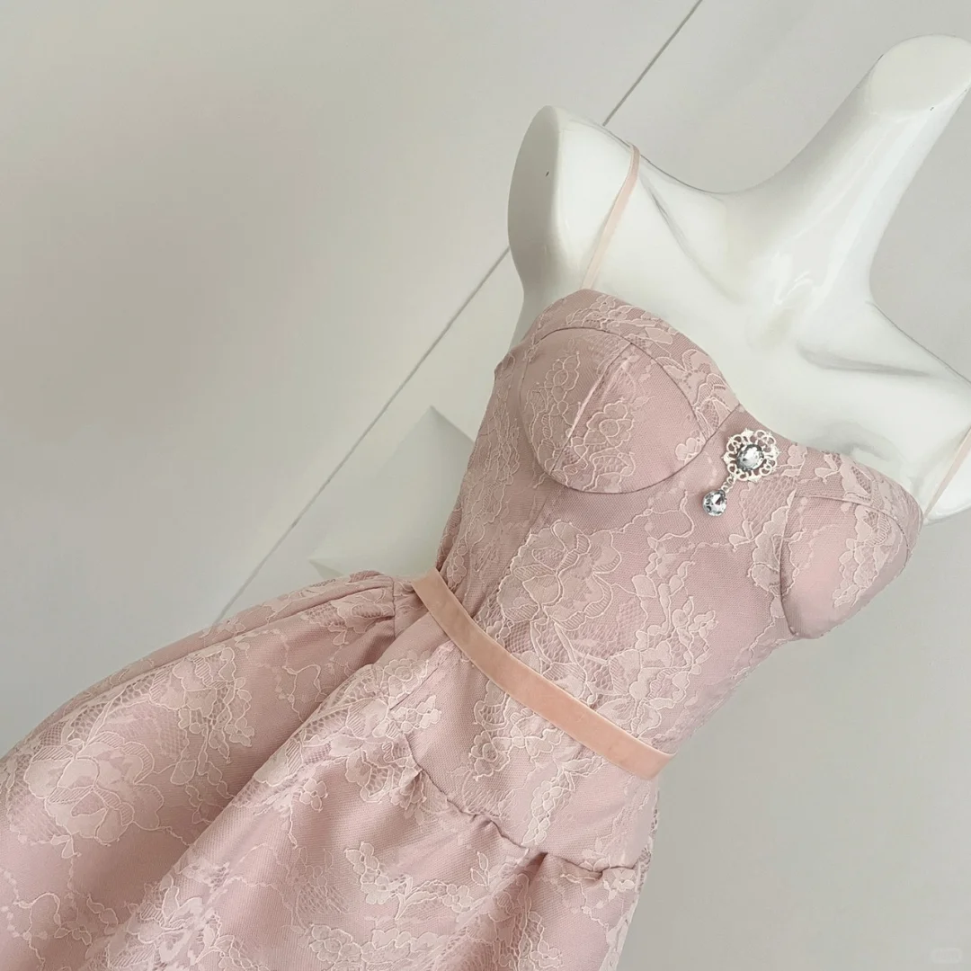 Pretty A Line Spaghetti Straps Pink Satin Lace Short Homecoming Dress,Summer 18th Birthday Dress GG3982