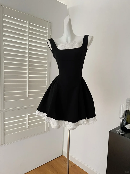 Pretty A Line Square Black Satin Lace Backless Short Homecoming Dress,Summer 17th Birthday Dress GG3985