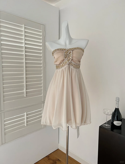 Unique A Line Strapless Chiffon Sequin Beads Short Homecoming Dress,Summer 17th Birthday Dress GG3987