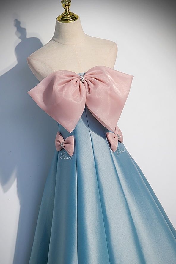 Elegant A Line Strapless Blue Satin With Pink Bow Long Prom Dresses,Evening Dresses GG399