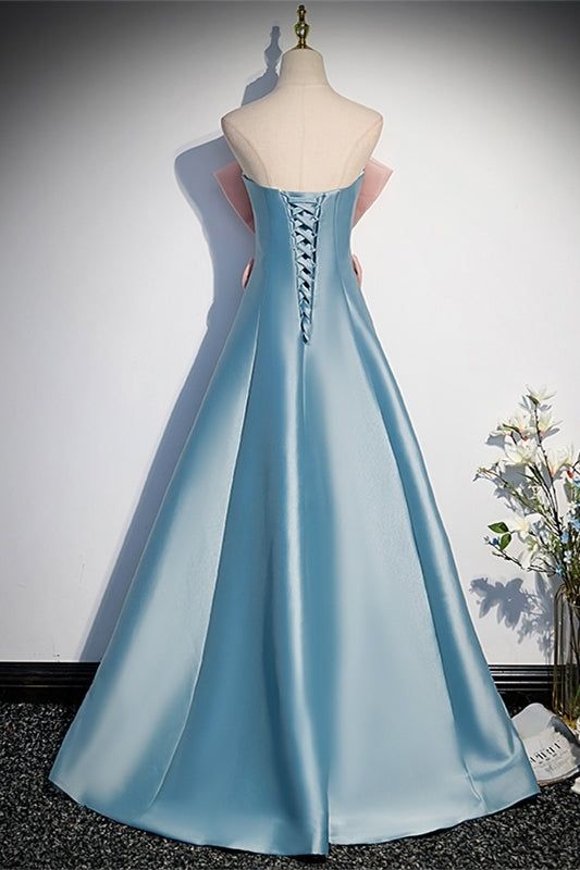 Elegant A Line Strapless Blue Satin With Pink Bow Long Prom Dresses,Evening Dresses GG399