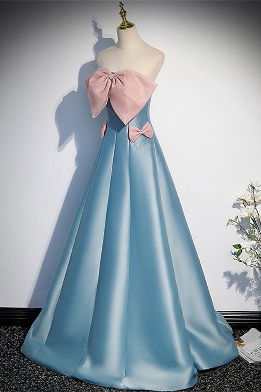 Elegant A Line Strapless Blue Satin With Pink Bow Long Prom Dresses,Evening Dresses GG399