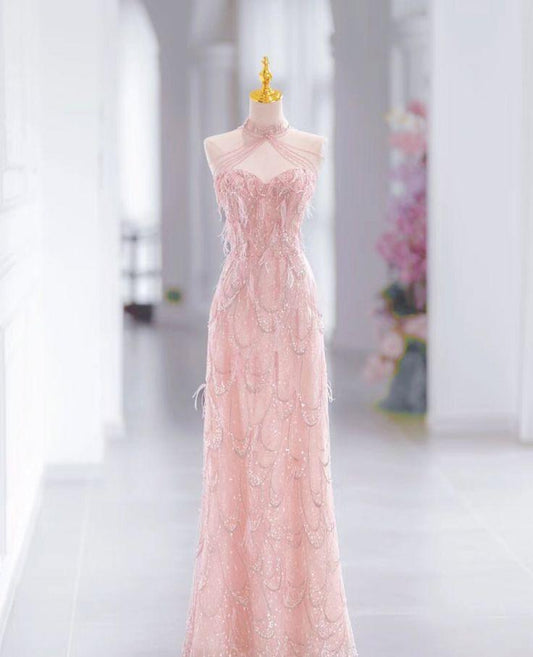 Elegant A Line Pink Halter Sweetheart Sequin Tulle Long Prom Dresses,Evening Dresses GG400