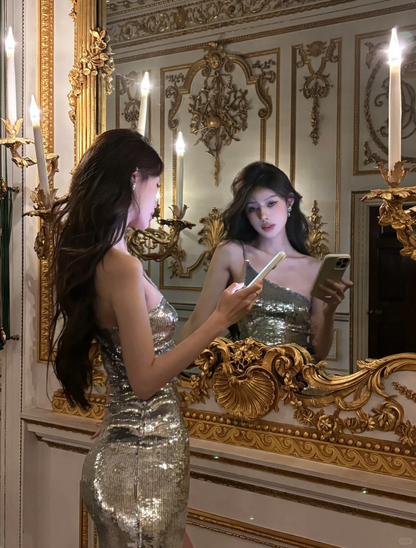 Silver Glitter Mermaid One Shoulder Sequin Slit Long Prom Dress,Party Dress,Formal Evening Dress GG4013