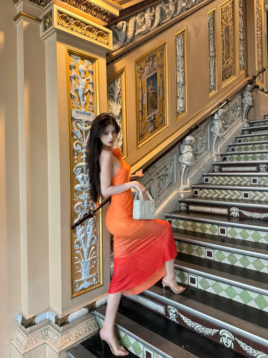 Unique Gradient Mermaid Halter Chiffon With Flower Long Prom Dress,Party Dress,Formal Evening Dress GG4014