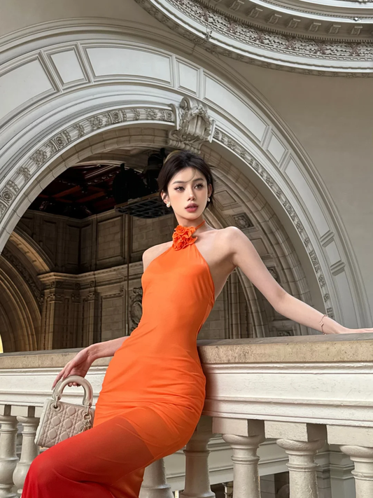 Unique Gradient Mermaid Halter Chiffon With Flower Long Prom Dress,Party Dress,Formal Evening Dress GG4014