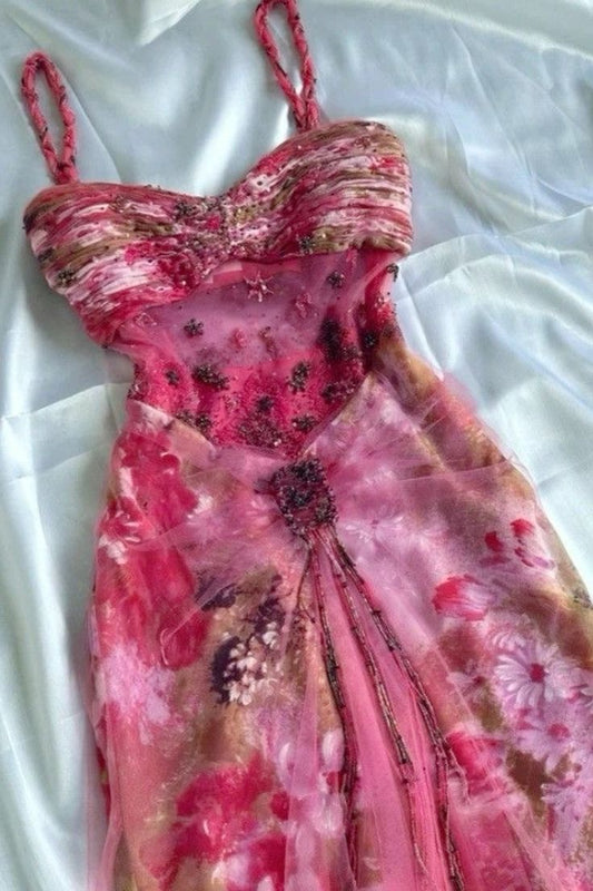 Vintage A Line Spaghetti Straps Chiffon Tulle Printed Floral Long Prom Dress,Party Dress,Formal Evening Dress GG4017