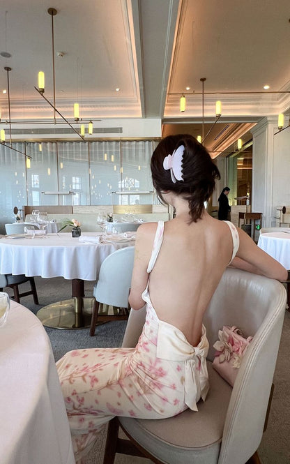 Pretty Mermaid Spaghetti Straps Satin Printed Floral Backless Long Prom Dress,Party Dress,Formal Evening Dress GG4018