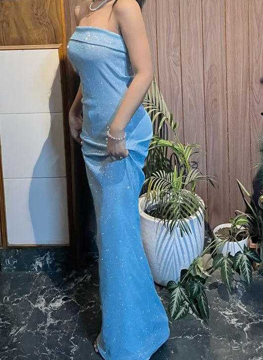 Shiny Mermaid Strapless Blue Satin Sequin Long Prom Dress,Party Dress,Formal Evening Dress GG4023