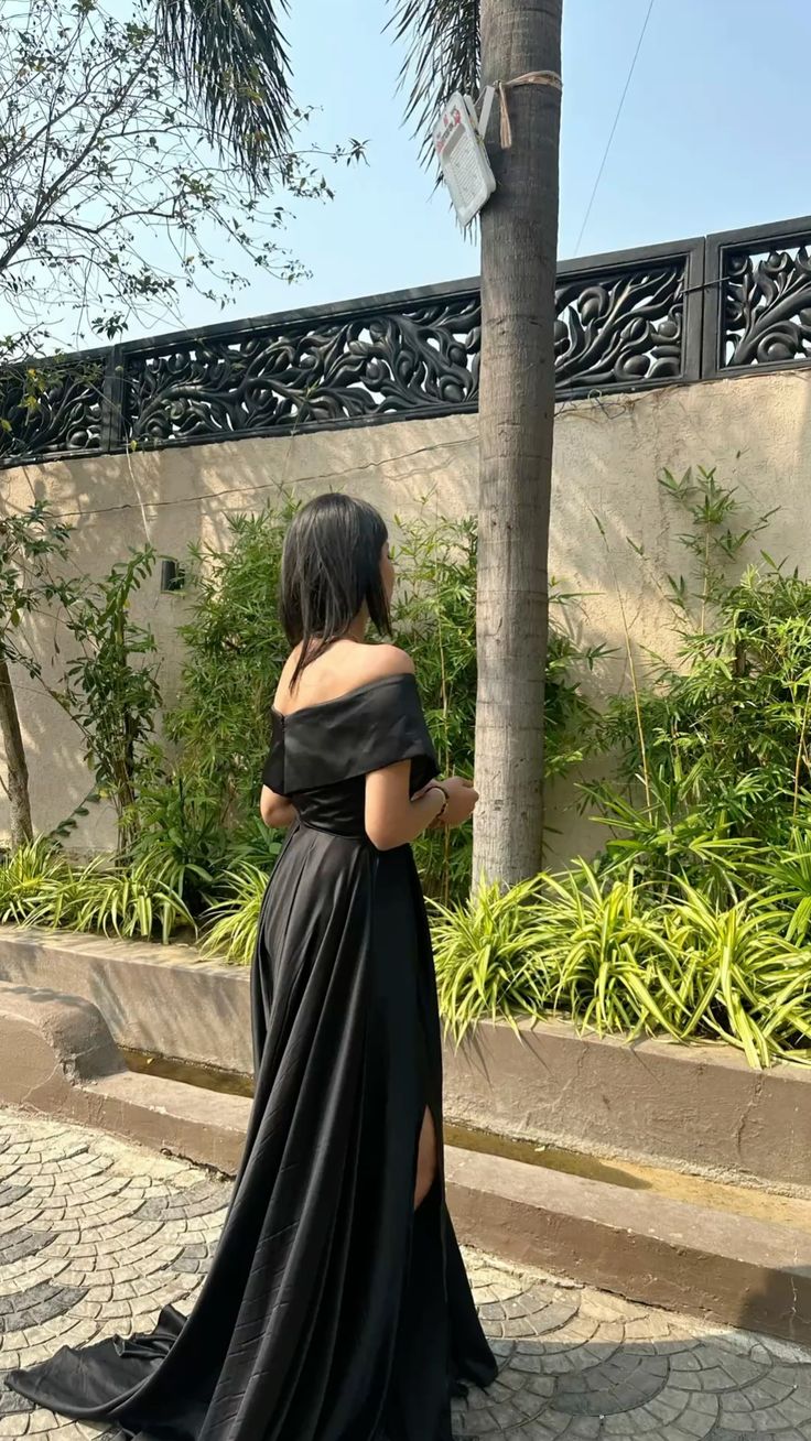 Classy A Line Off The Shoulder Black Satin Slit Long Prom Dress,Party Dress,Formal Evening Dress GG4029