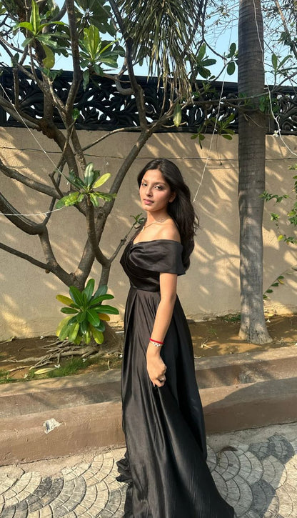 Classy A Line Off The Shoulder Black Satin Slit Long Prom Dress,Party Dress,Formal Evening Dress GG4029