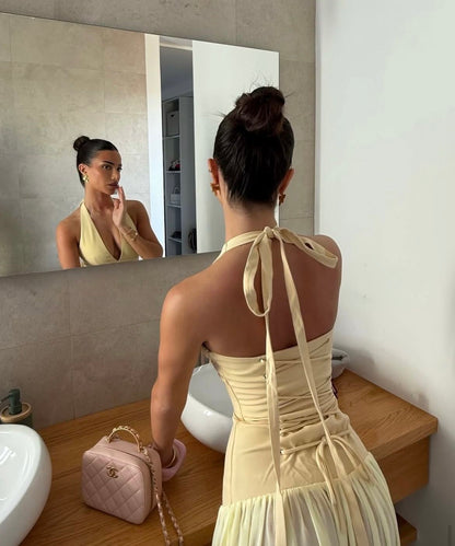 Pretty A Line Halter Pastel Yellow Satin Chiffon Long Prom Dress,Party Dress,Formal Evening Dress GG4031