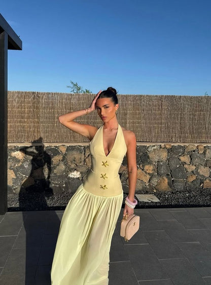 Pretty A Line Halter Pastel Yellow Satin Chiffon Long Prom Dress,Party Dress,Formal Evening Dress GG4031