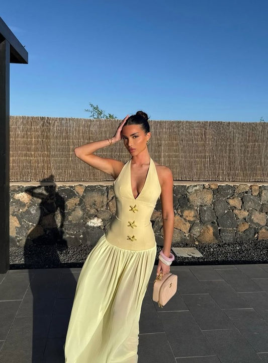 Pretty A Line Halter Pastel Yellow Satin Chiffon Long Prom Dress,Party Dress,Formal Evening Dress GG4031