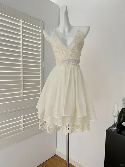 Cute Ivory A Line Spaghetti Straps Chiffon Lace Short Homecoming Dress,Summer 16th Birthday Dress GG4034