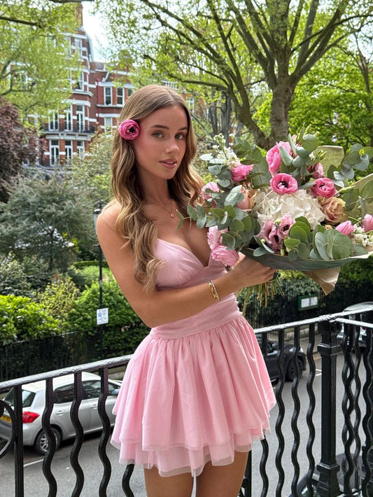 Pretty A Line Spaghetti Straps Pink Satin Tulle Short Homecoming Dress,Summer 17th Birthday Dress GG4046