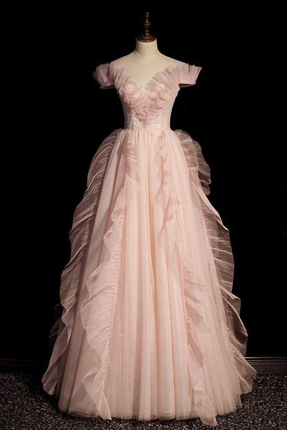 Chic A Line Off The Shoulder Pink Tulle Sequin Beading Long Prom Dress, Evening Dress GG405