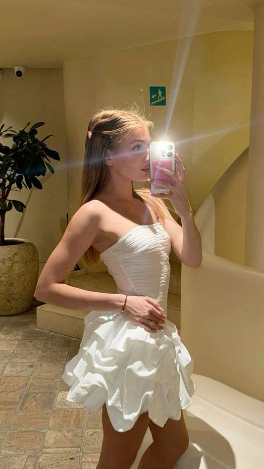 Princess A Line Strapless White Satin Pleated Short Homecoming Dress,Summer 18th Birthday Dress GG4062