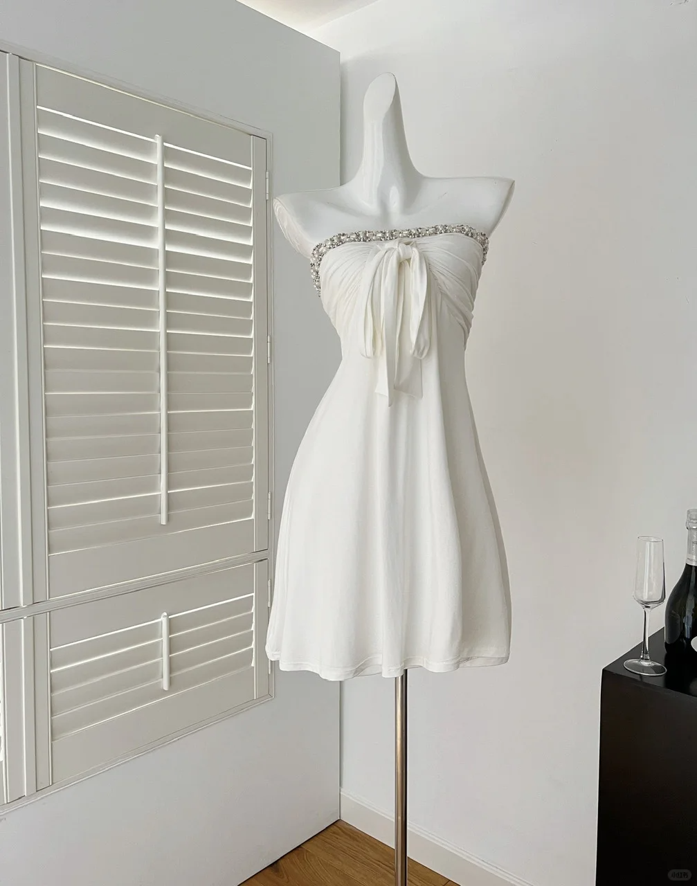 Elegant A Line Strapless White Satin Beads Short Homecoming Dress,Summer 18th Birthday Dress GG4063