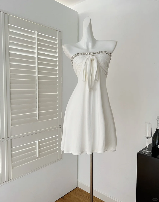 Elegant A Line Strapless White Satin Beads Short Homecoming Dress,Summer 18th Birthday Dress GG4063