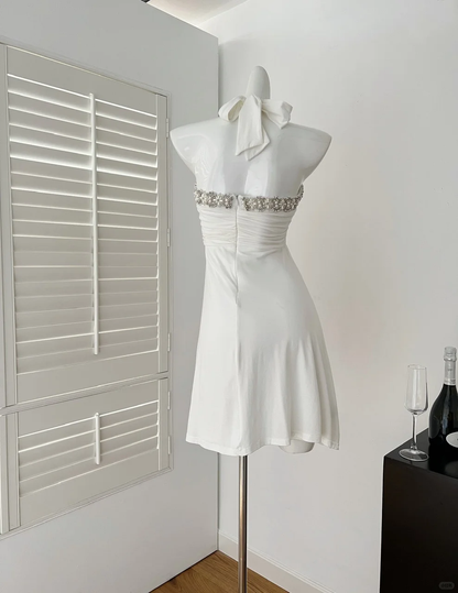 Elegant A Line Strapless White Satin Beads Short Homecoming Dress,Summer 18th Birthday Dress GG4063