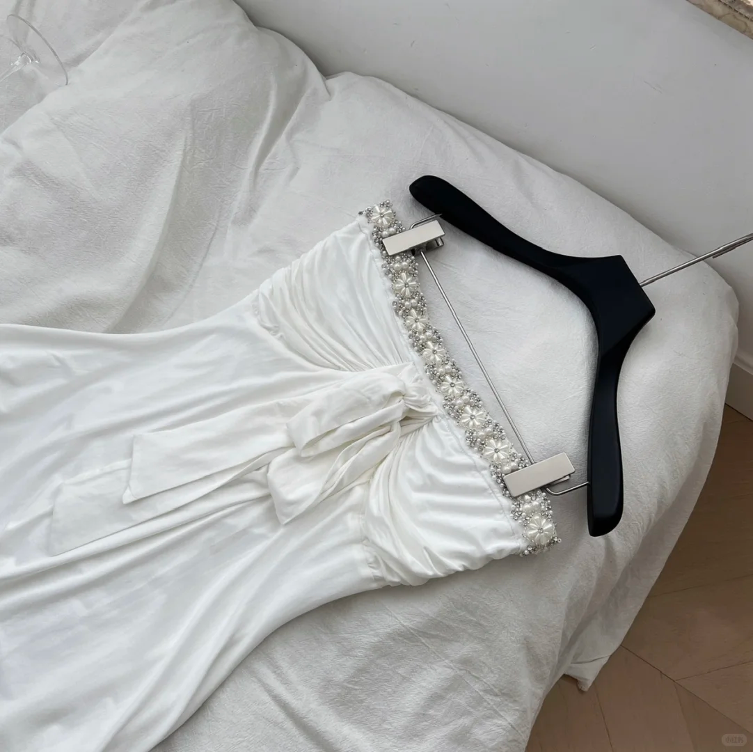 Elegant A Line Strapless White Satin Beads Short Homecoming Dress,Summer 18th Birthday Dress GG4063