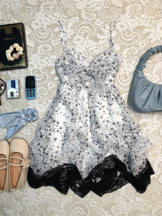 Cute A Line Spaghetti Straps Chiffon Lace Printed Stars Short Homecoming Dress,Summer 16th Birthday Dress GG4065