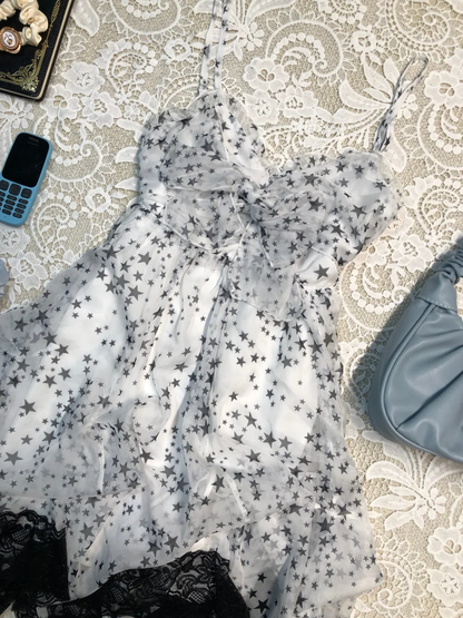 Cute A Line Spaghetti Straps Chiffon Lace Printed Stars Short Homecoming Dress,Summer 16th Birthday Dress GG4065