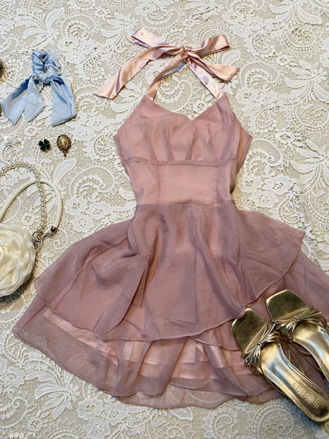 Elegant A Line Halter Dusty Pink Satin Chiffon Short Homecoming Dress,Summer 19th Birthday Dress GG4071