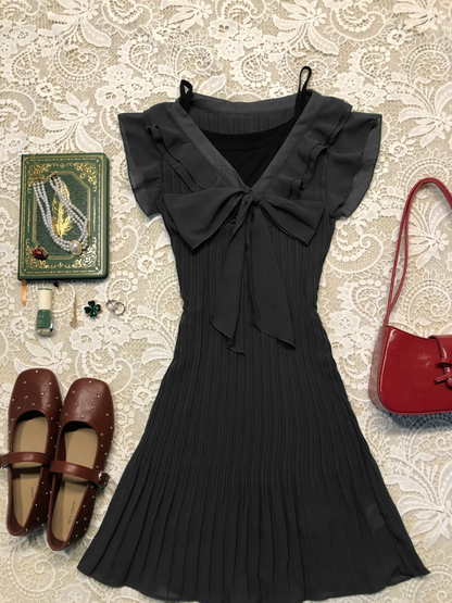 Chic A Line V Neck Black Satin Chiffon Pleated Bow Short Homecoming Dress,Summer 17th Birthday Dress GG4072