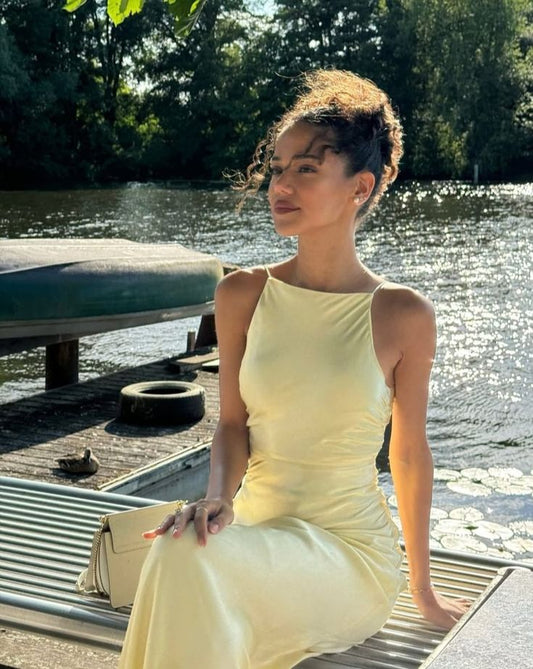 Pastel Yellow Mermaid Spaghetti Straps Satin Long Prom Dress,Party Dress,Formal Evening Dress GG4090