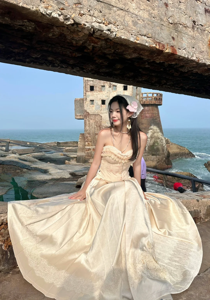 Gorgeous A Line Strapless Satin Lace Applique Long Prom Dress,Party Dress,Formal Evening Dress GG4096