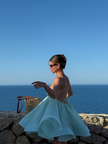 Pretty A Line Spaghetti Straps Satin Backless Short Homecoming Dress,Summer 18th Birthday Dress GG4107