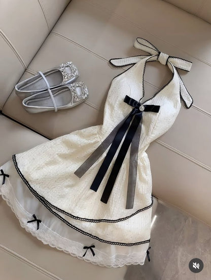 Chic A Line Halter Satin Lace With Bow Short Homecoming Dress,Summer 18th Birthday Dress GG4111