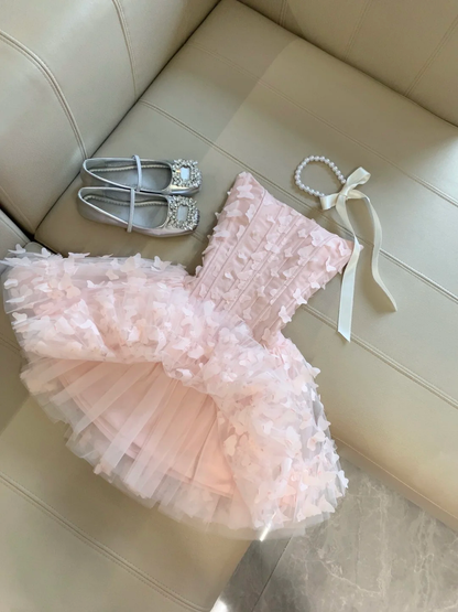 Sweet 18th Pink Ball Gown Strapless Tulle Applique Short Homecoming Dress,Summer Birthday Dress GG4119