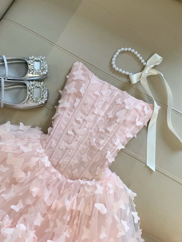 Sweet 18th Pink Ball Gown Strapless Tulle Applique Short Homecoming Dress,Summer Birthday Dress GG4119