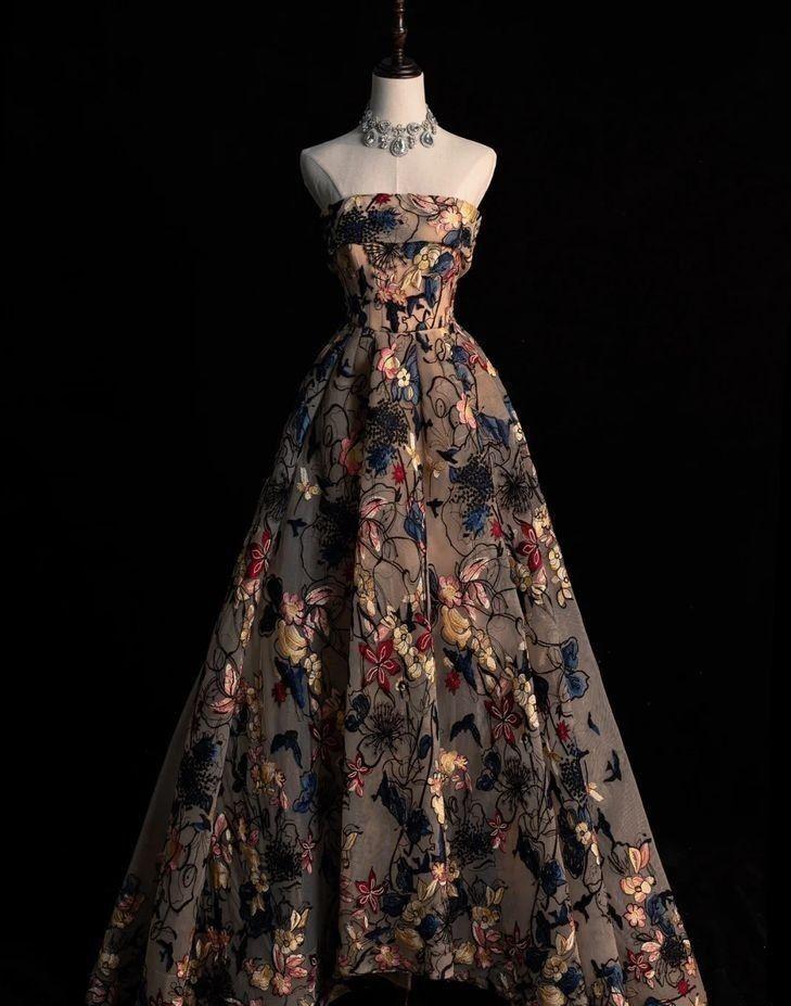 Exquisite A Line Strapless Satin Pattern Long Prom Dress, Evening Dress GG412