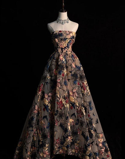 Exquisite A Line Strapless Satin Pattern Long Prom Dress, Evening Dress GG412