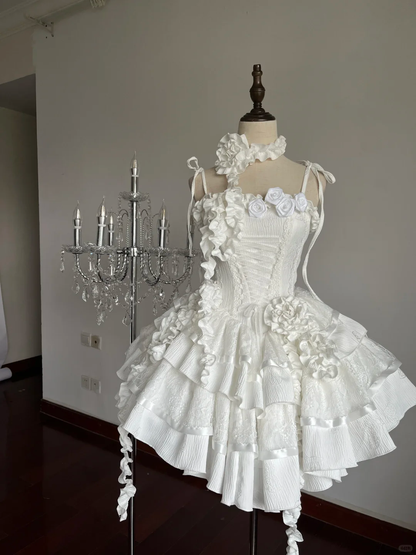 Pretty 18th Ball Gown Spaghetti Straps Satin Lace Flower Tiered Short Homecoming Dress,Summer Birthday Dress GG4124