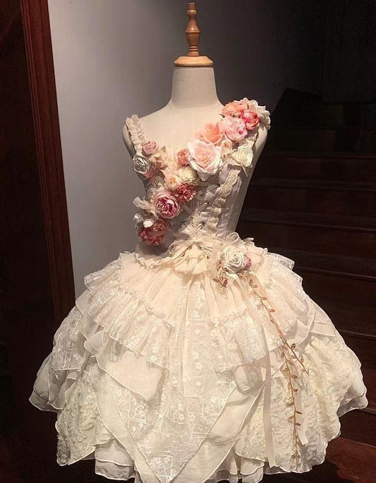 Stunning 18th Ball Gown Spaghetti Straps Satin Lace Flower Short Homecoming Dress,Summer Birthday Dress GG4125